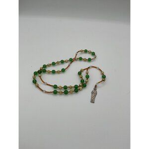 Catholic Rosary With Saint Figure Pendant Green & Gold Beads